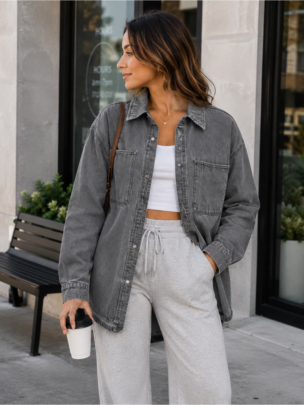 City Blues Women’s L Grey Denim Shirt Jacket Snap Front NWT